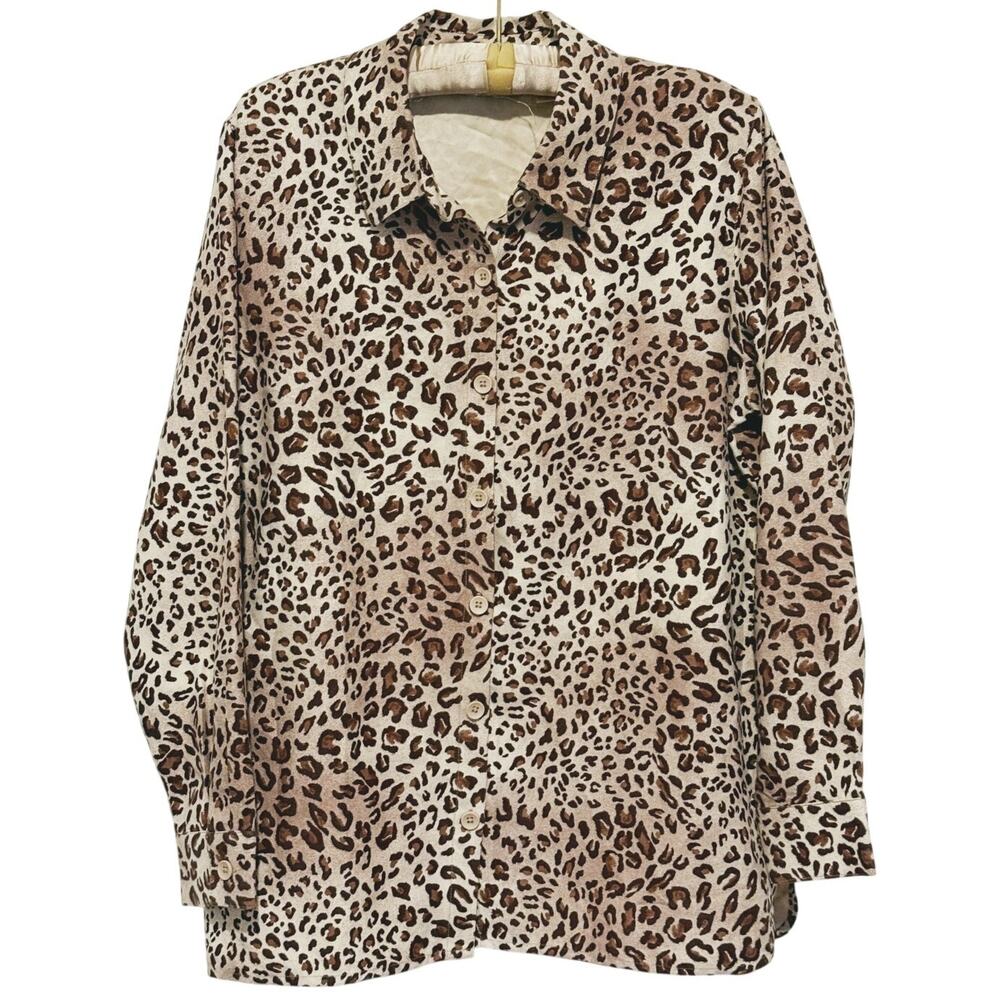 Vintage 90s Womens Leopard Cheetah Print Button Up Top Large Y2K Mob Wife Retro